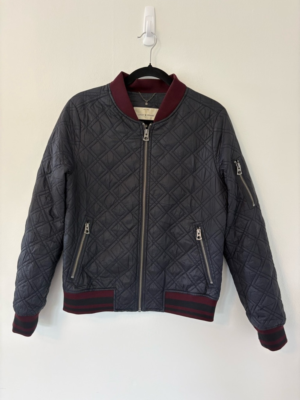 Lucky Brand Quilted Bomber Jacket in Charcoal with Burgundy Trim